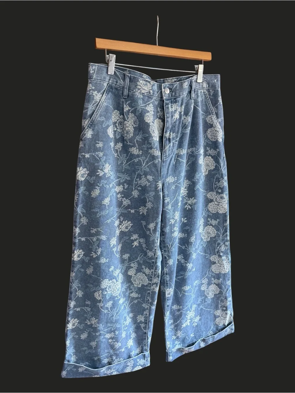 PILCRO The Leon Double Hem High-Rise Wide-Leg Cuffed Jeans Floral 30 - Picture 6 of 15